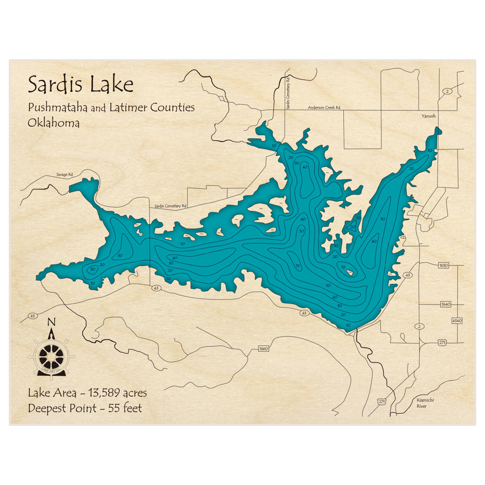 Bathymetric topo map of Sardis Lake with roads, towns and depths noted in blue water