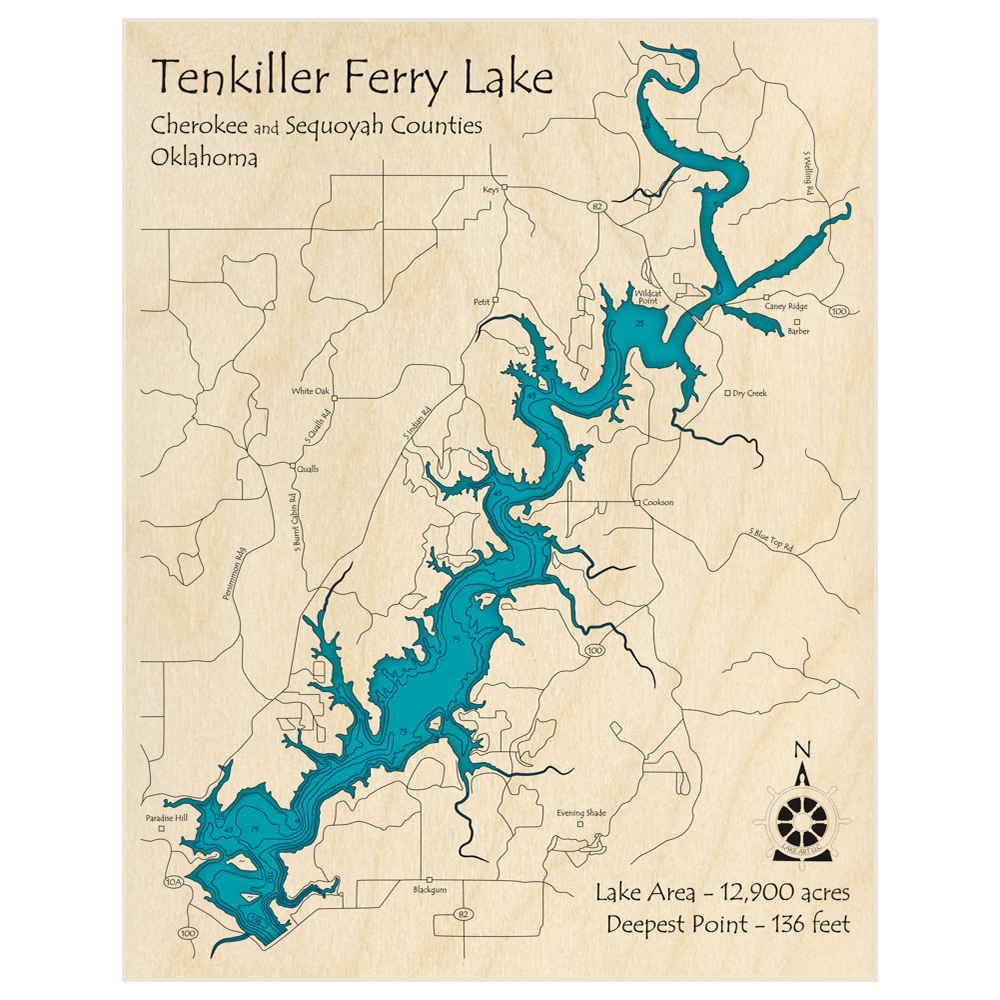 Bathymetric topo map of Tenkiller Ferry Lake with roads, towns and depths noted in blue water
