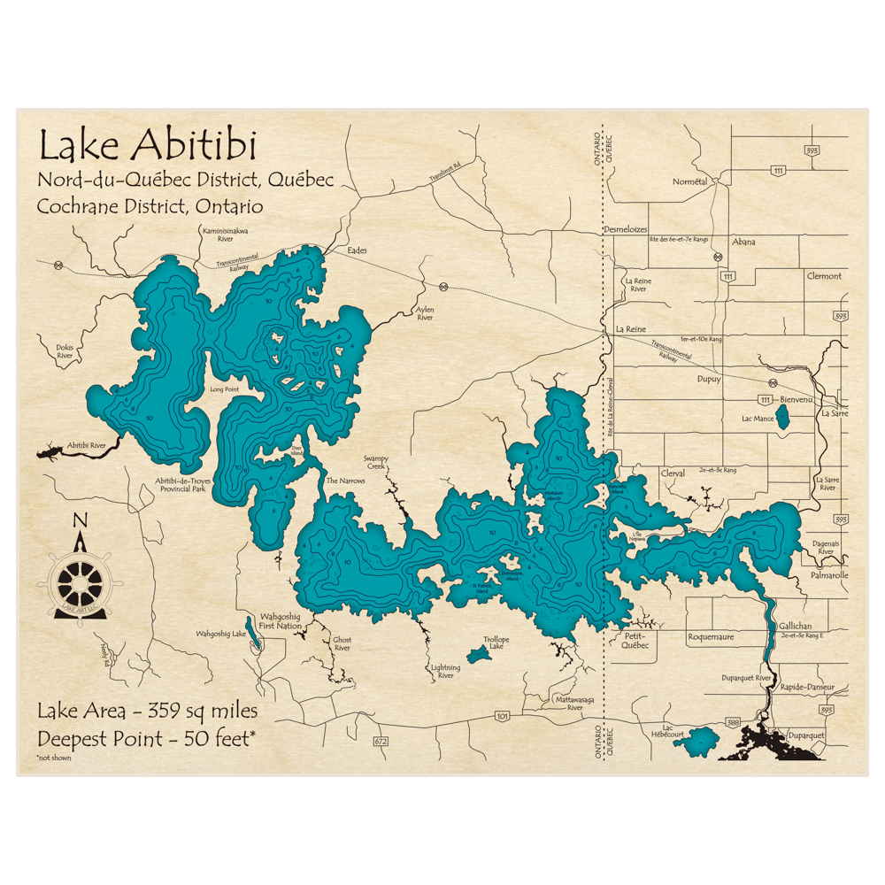 Bathymetric topo map of Lake Abitibi with roads, towns and depths noted in blue water