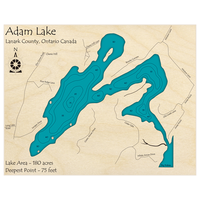 Bathymetric topo map of Adam Lake with roads, towns and depths noted in blue water