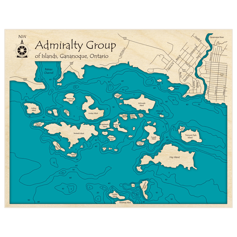 Bathymetric topo map of Admiralty Group of Islands with roads, towns and depths noted in blue water
