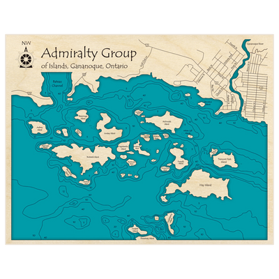 Bathymetric topo map of Admiralty Group of Islands with roads, towns and depths noted in blue water