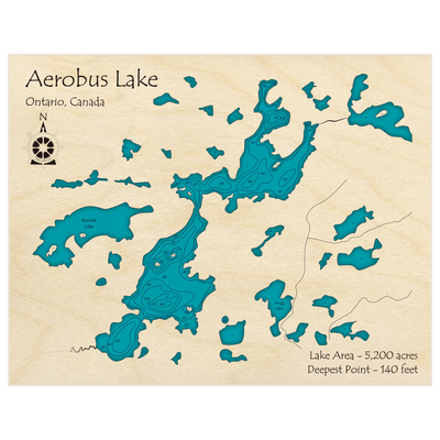 Bathymetric topo map of Aerobus Lake with roads, towns and depths noted in blue water