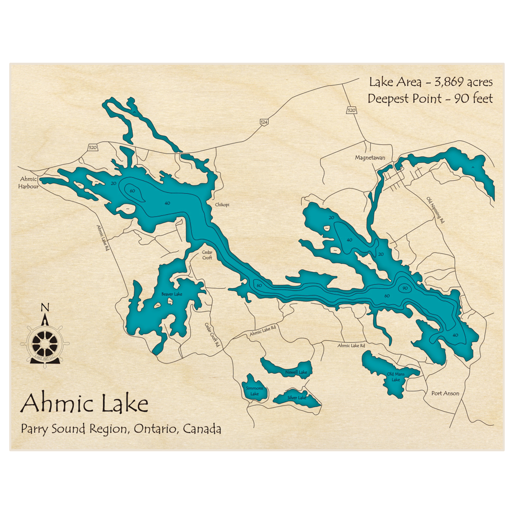 Bathymetric topo map of Ahmic Lake with roads, towns and depths noted in blue water