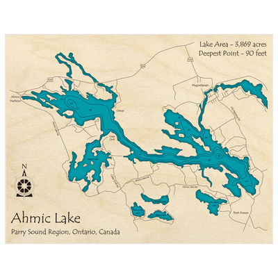Bathymetric topo map of Ahmic Lake with roads, towns and depths noted in blue water