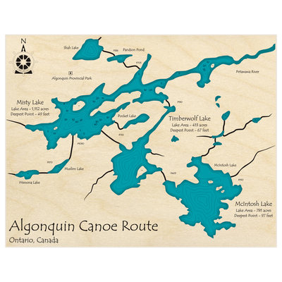 Bathymetric topo map of Algonquin Park Canoe Route (Misty Timberwolf McIntosh) with roads, towns and depths noted in blue water