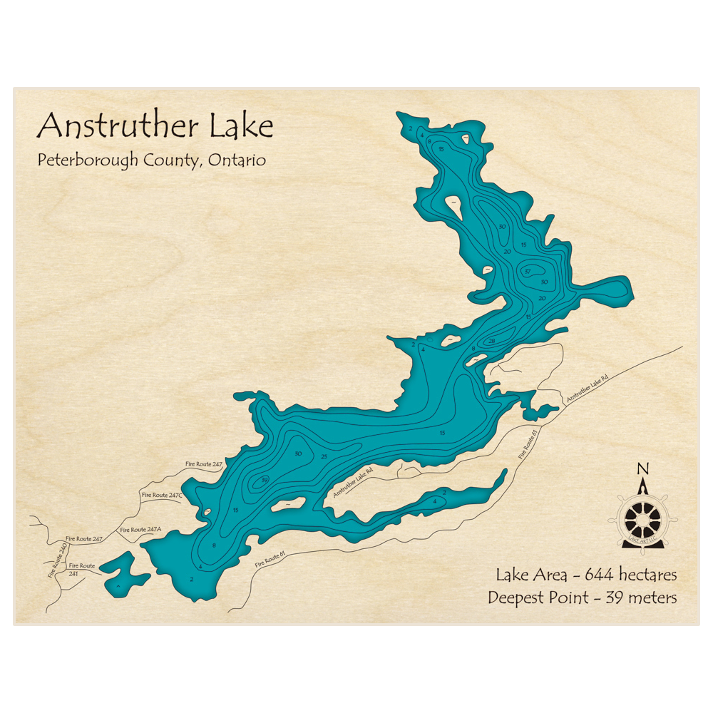 Bathymetric topo map of Anstruther Lake (in Meters) with roads, towns and depths noted in blue water