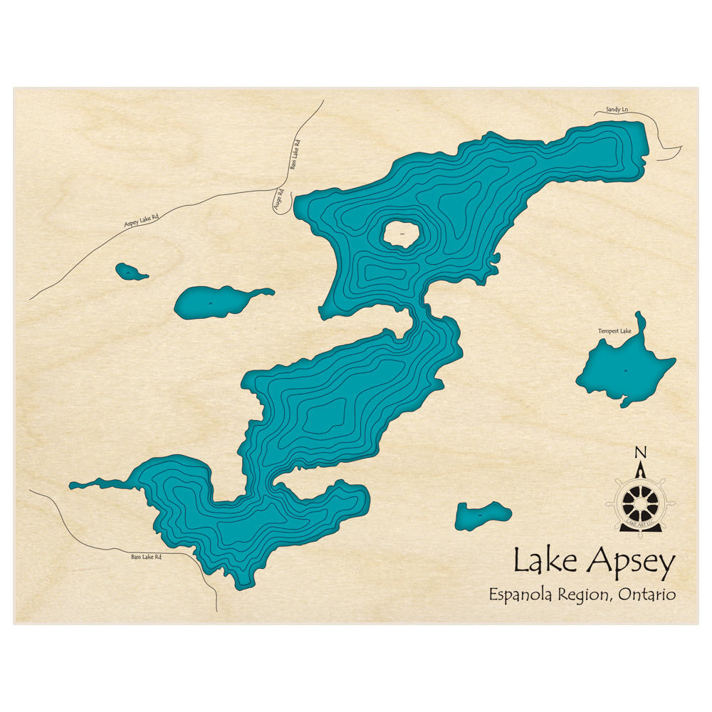 Bathymetric topo map of Lake Apsey  with roads, towns and depths noted in blue water