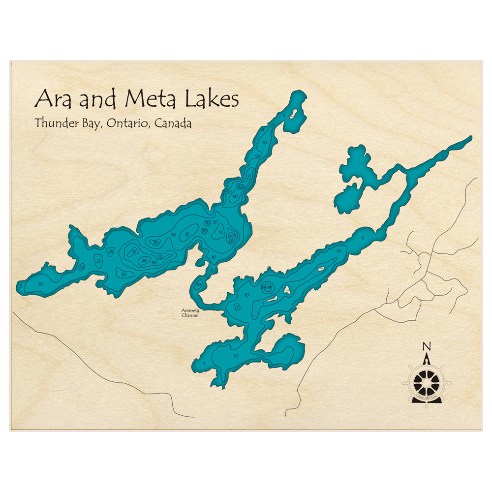 Bathymetric topo map of Ara Lake (With Meta Lake) with roads, towns and depths noted in blue water