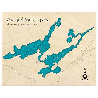 Bathymetric topo map of Ara Lake (With Meta Lake) with roads, towns and depths noted in blue water