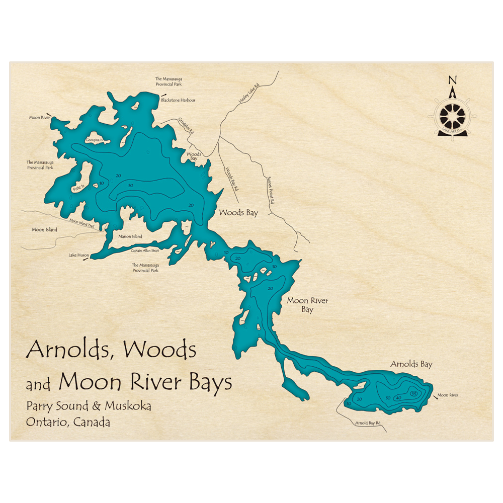 Bathymetric topo map of Arnolds Bay (With Woods and Moon River Bays) with roads, towns and depths noted in blue water