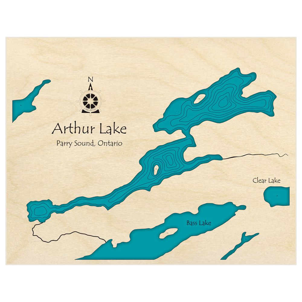 Bathymetric topo map of Arthur Lake  with roads, towns and depths noted in blue water