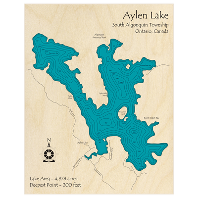 Bathymetric topo map of Aylen Lake with roads, towns and depths noted in blue water