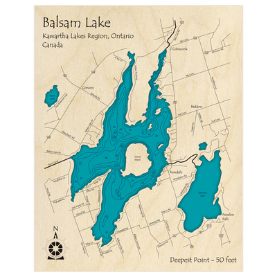 Bathymetric topo map of Balsam Lake with roads, towns and depths noted in blue water