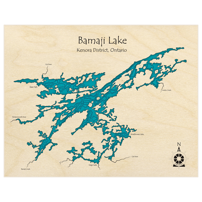 Bathymetric topo map of Bamaji Lake  with roads, towns and depths noted in blue water