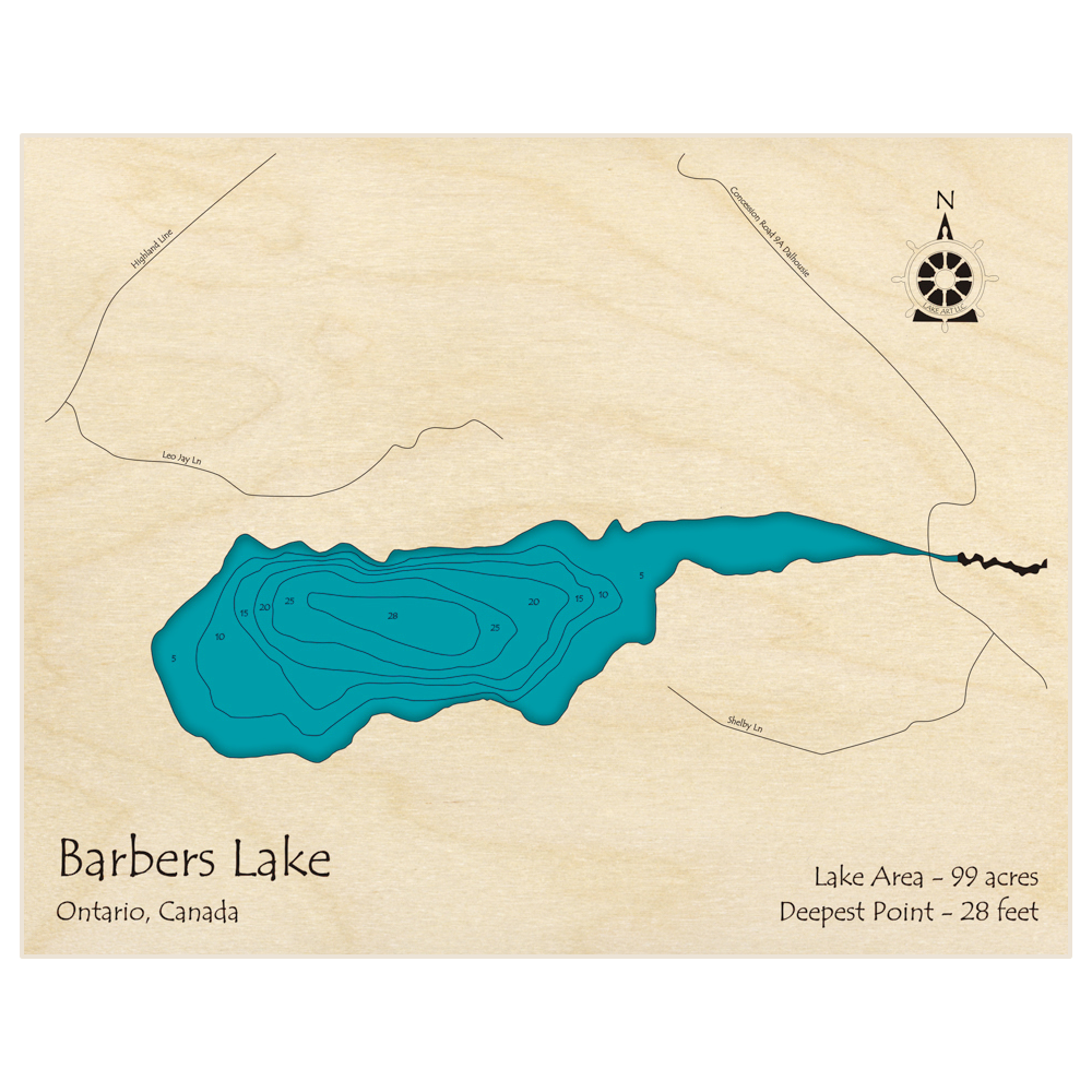 Bathymetric topo map of Barbers Lake with roads, towns and depths noted in blue water