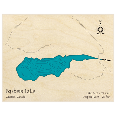 Bathymetric topo map of Barbers Lake with roads, towns and depths noted in blue water
