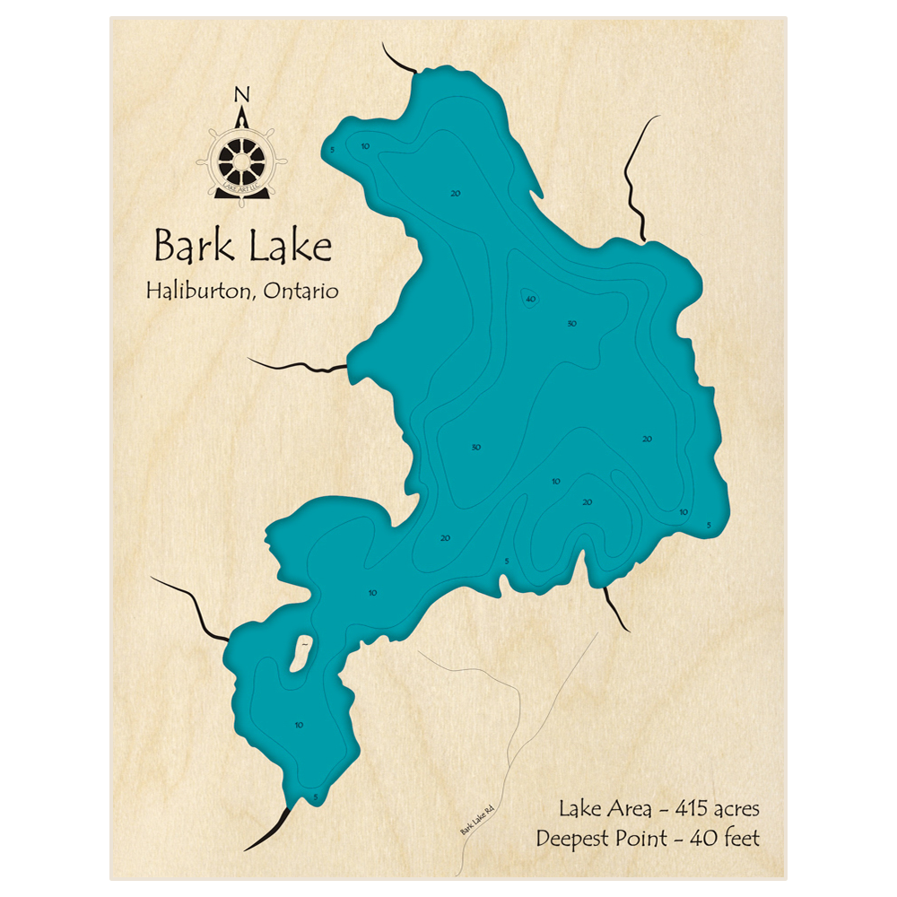 Bathymetric topo map of Bark Lake with roads, towns and depths noted in blue water