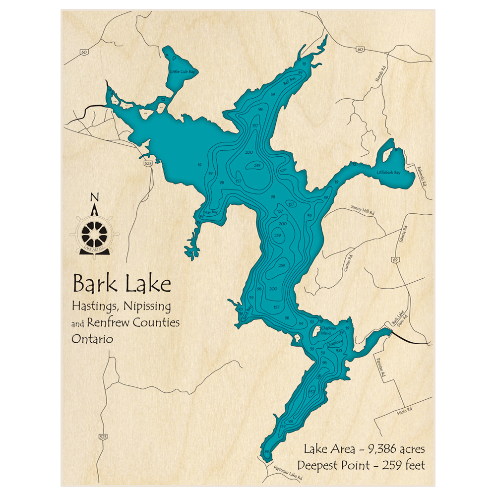 Bathymetric topo map of Bark Lake with roads, towns and depths noted in blue water