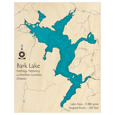 Bathymetric topo map of Bark Lake with roads, towns and depths noted in blue water