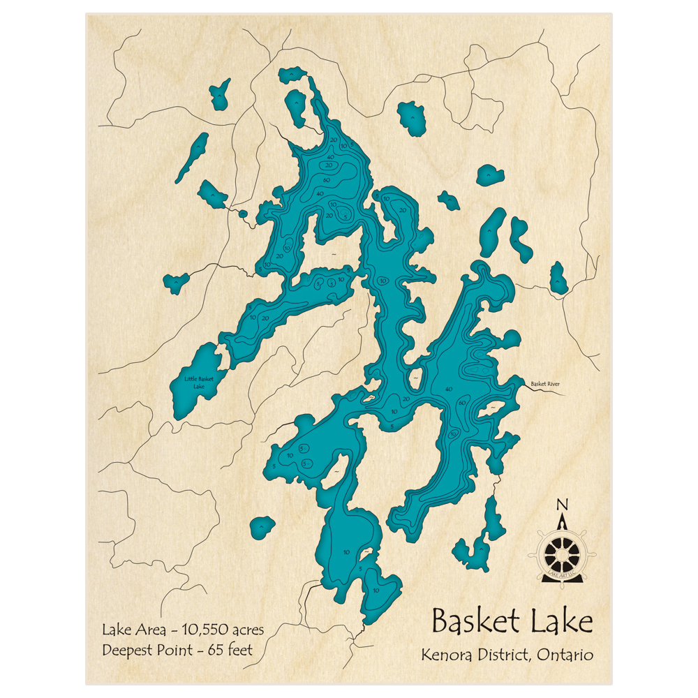 Bathymetric topo map of Basket Lake with roads, towns and depths noted in blue water