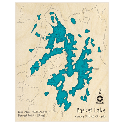 Bathymetric topo map of Basket Lake with roads, towns and depths noted in blue water