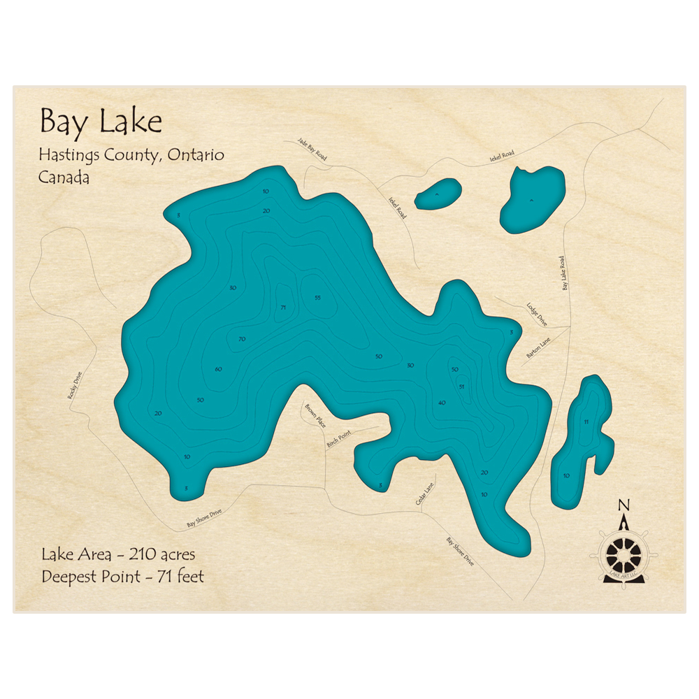 Bathymetric topo map of Bay Lake with roads, towns and depths noted in blue water
