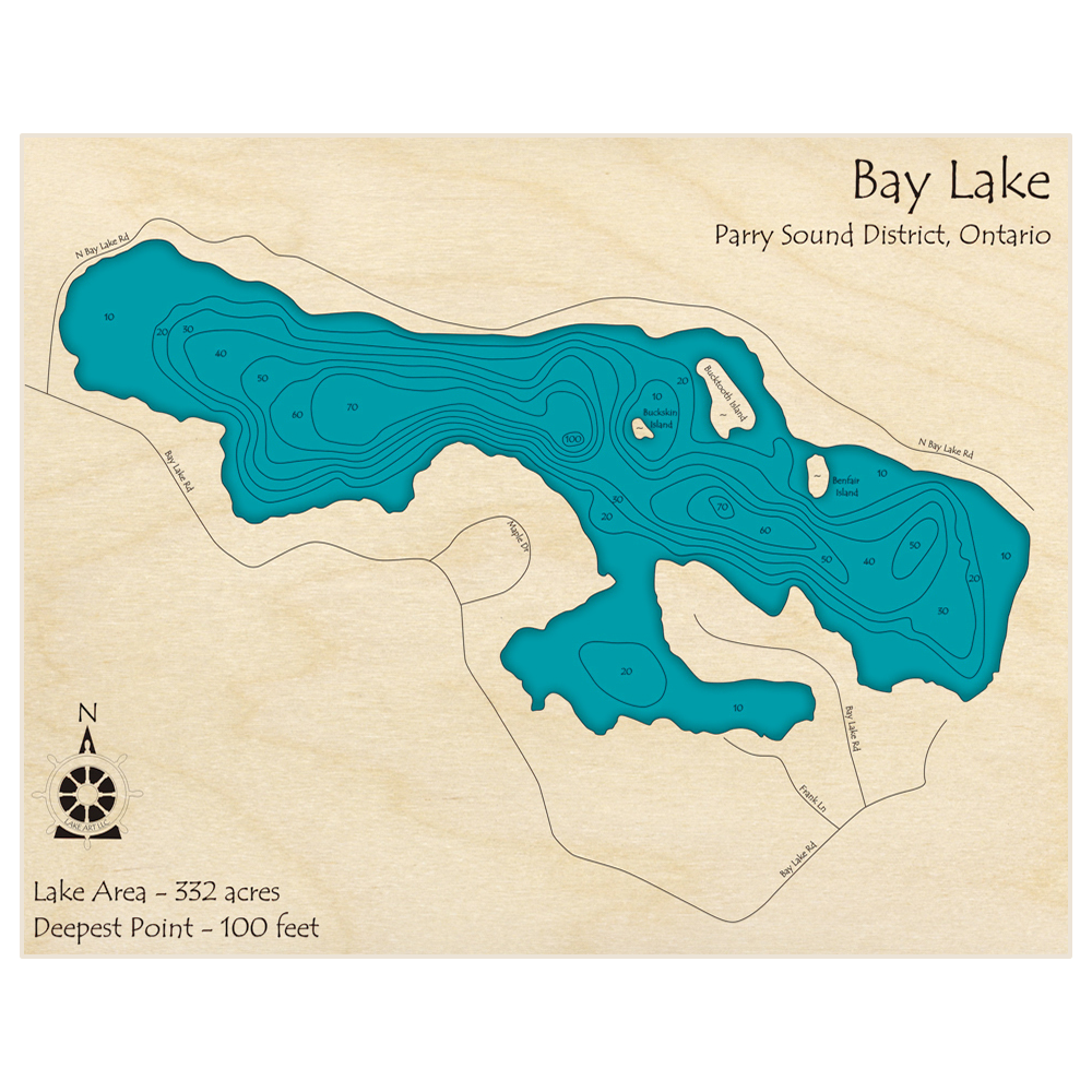 Bathymetric topo map of Bay Lake with roads, towns and depths noted in blue water