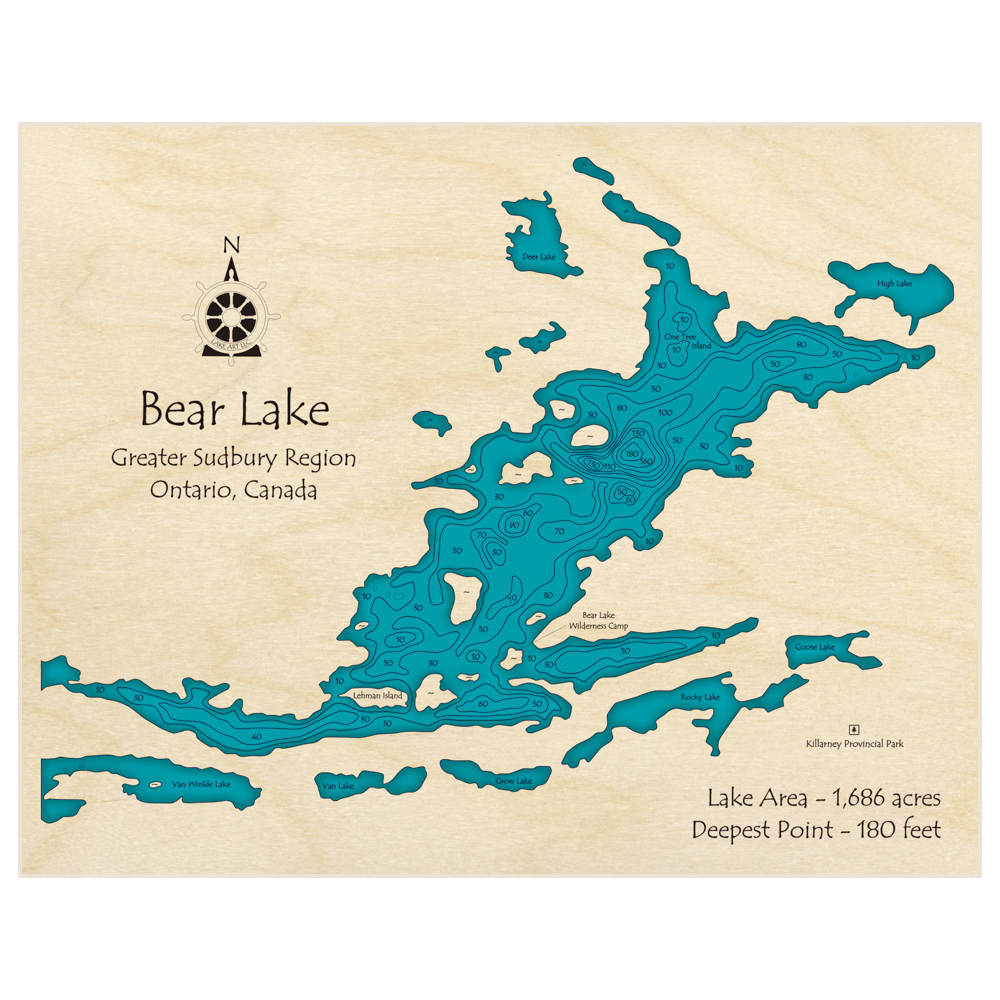 Bathymetric topo map of Bear Lake with roads, towns and depths noted in blue water