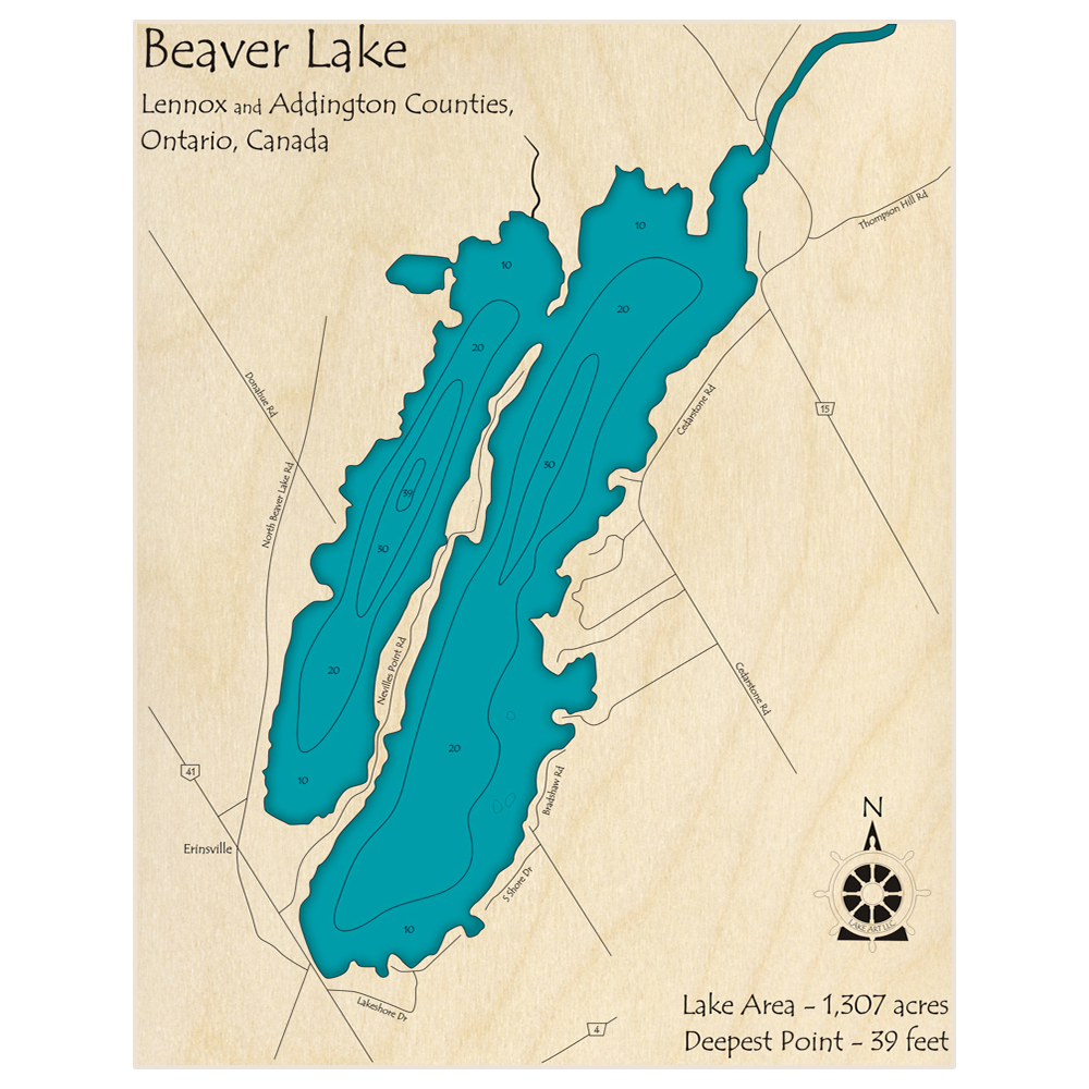 Bathymetric topo map of Beaver Lake with roads, towns and depths noted in blue water