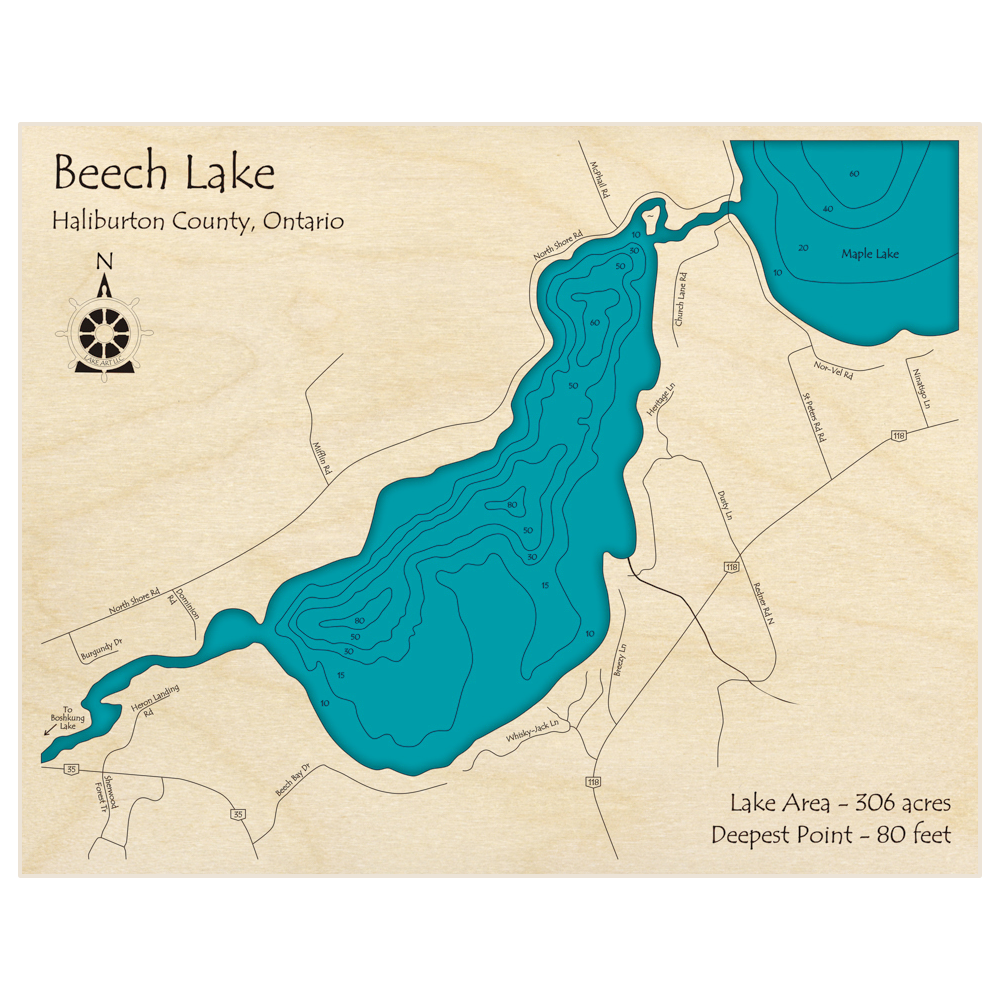 Bathymetric topo map of Beech Lake with roads, towns and depths noted in blue water