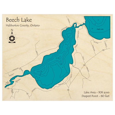 Bathymetric topo map of Beech Lake with roads, towns and depths noted in blue water