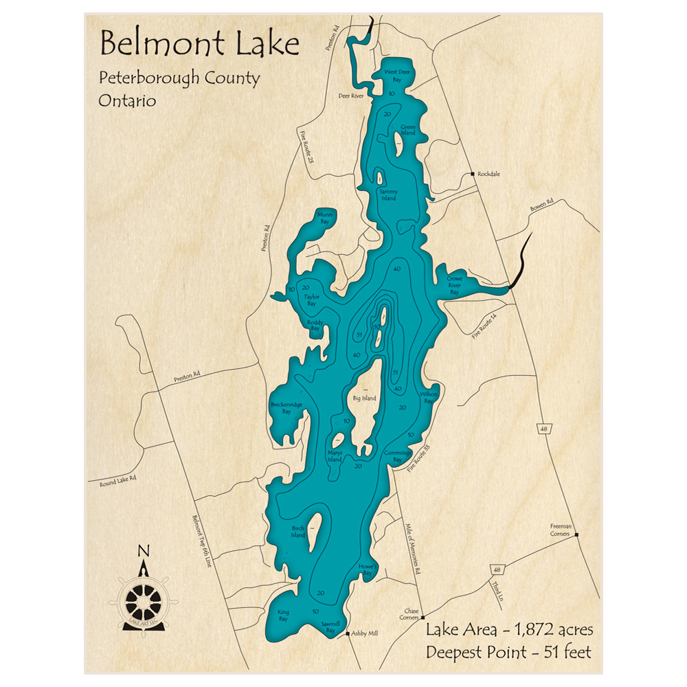 Bathymetric topo map of Belmont Lake with roads, towns and depths noted in blue water