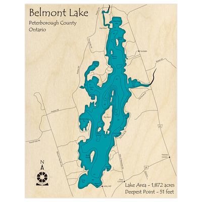 Bathymetric topo map of Belmont Lake with roads, towns and depths noted in blue water