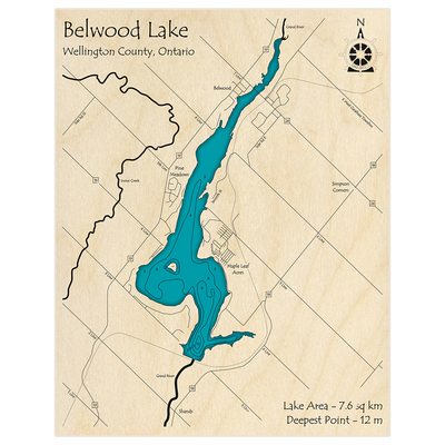 Bathymetric topo map of Belwood Lake with roads, towns and depths noted in blue water