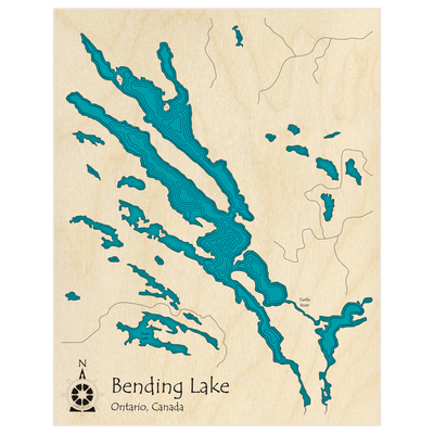 Bathymetric topo map of Bending Lake  with roads, towns and depths noted in blue water