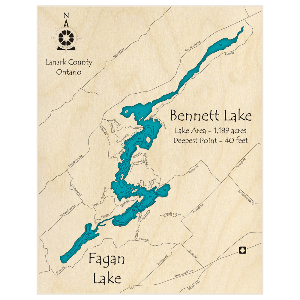 Bathymetric topo map of Bennett Lake and Fagan Lake with roads, towns and depths noted in blue water