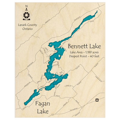 Bathymetric topo map of Bennett Lake and Fagan Lake with roads, towns and depths noted in blue water
