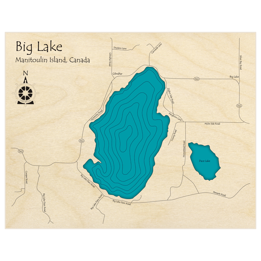 Bathymetric topo map of Big Lake  with roads, towns and depths noted in blue water