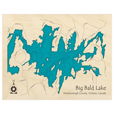 Bathymetric topo map of Big Bald Lake with roads, towns and depths noted in blue water