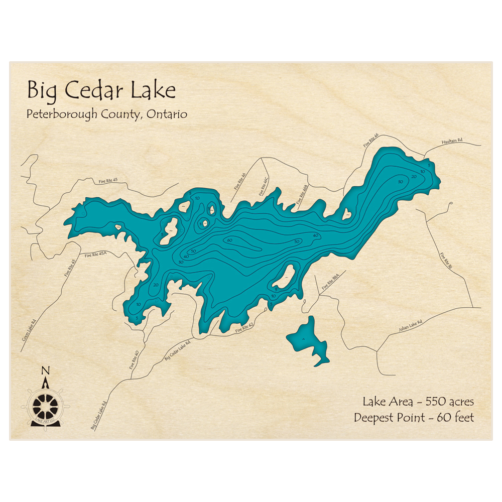 Bathymetric topo map of Big Cedar Lake with roads, towns and depths noted in blue water