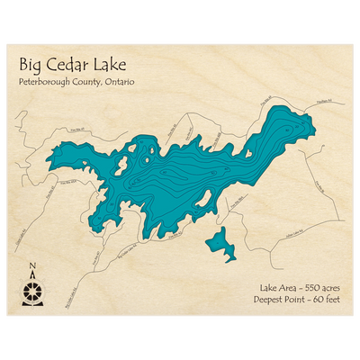 Bathymetric topo map of Big Cedar Lake with roads, towns and depths noted in blue water