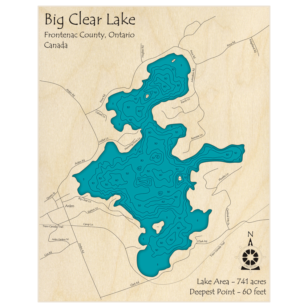 Bathymetric topo map of Big Clear Lake with roads, towns and depths noted in blue water