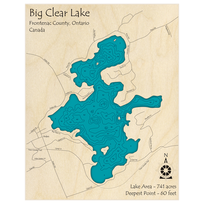 Bathymetric topo map of Big Clear Lake with roads, towns and depths noted in blue water