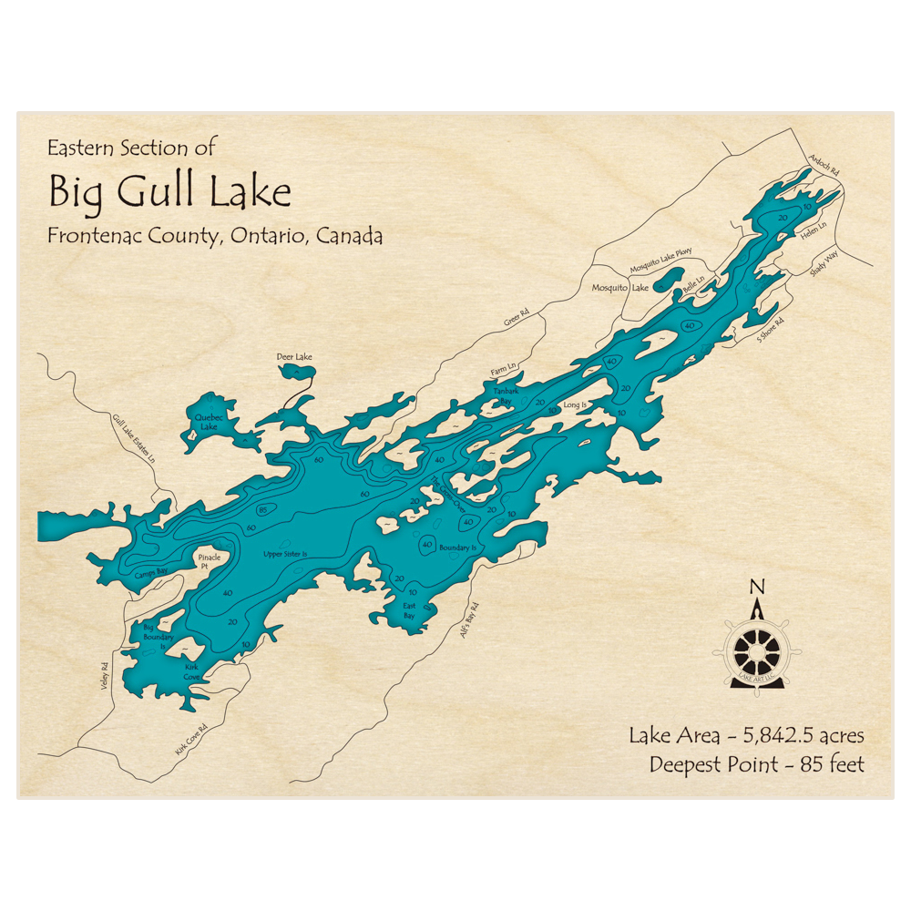 Bathymetric topo map of Big Gull Lake (Eastern Half Only) with roads, towns and depths noted in blue water