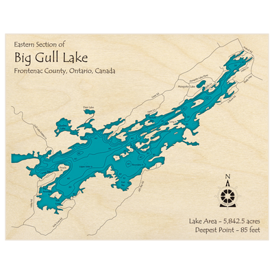 Bathymetric topo map of Big Gull Lake (Eastern Half Only) with roads, towns and depths noted in blue water