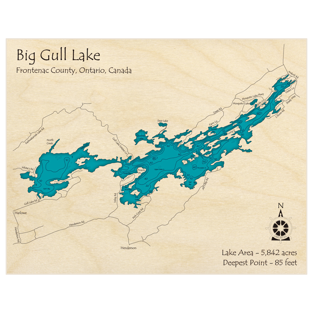 Bathymetric topo map of Big Gull Lake (Entire Lake, East and West Sections Shown) with roads, towns and depths noted in blue water