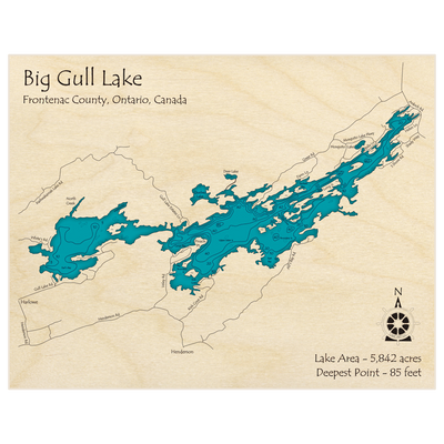 Bathymetric topo map of Big Gull Lake (Entire Lake, East and West Sections Shown) with roads, towns and depths noted in blue water