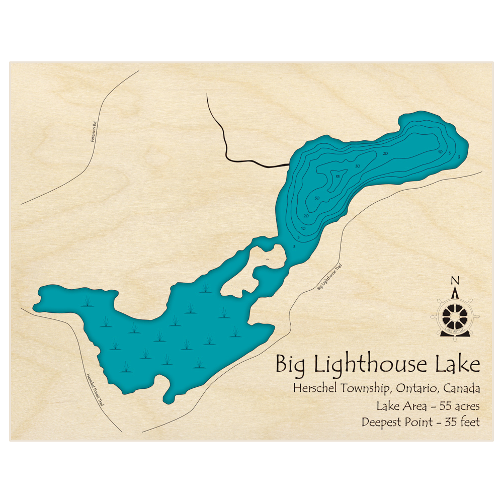 Bathymetric topo map of Big Lighthouse Lake with roads, towns and depths noted in blue water