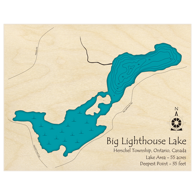 Bathymetric topo map of Big Lighthouse Lake with roads, towns and depths noted in blue water